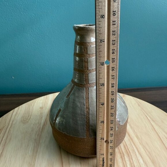 Vintage Handcrafted Asian Stoneware Vase Grayish White Brown Geometric - Picture 9 of 10